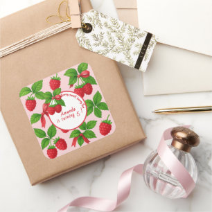 Pegatina Cuadrada Berry Sweet Raspberry Kids Birthday Fiesta -