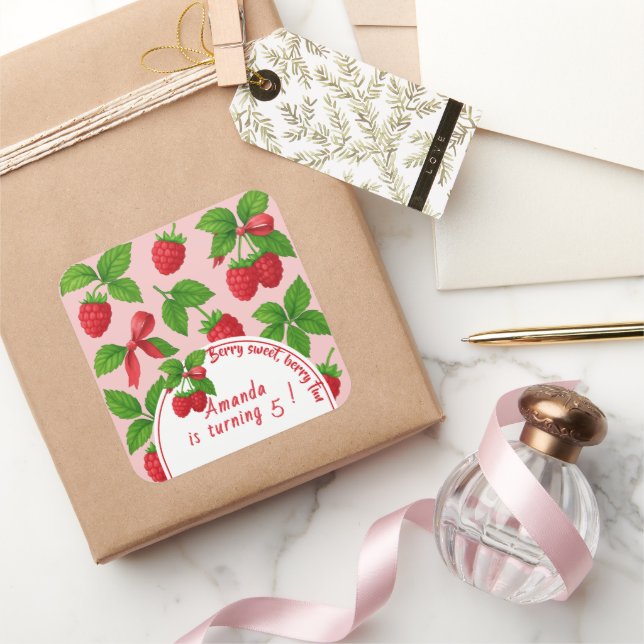 Pegatina Cuadrada Berry Sweet Raspberry Kids Birthday Fiesta - (Regalar)