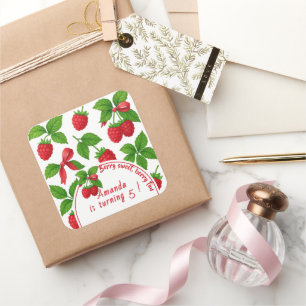 Pegatina Cuadrada Berry Sweet Raspberry Kids Birthday Fiesta -
