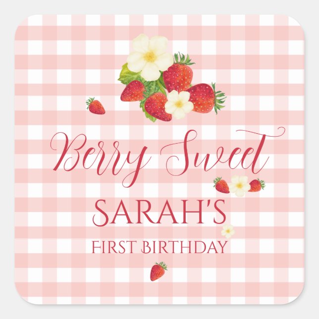 Pegatina Cuadrada Berry Sweet Strawberry Favor Gift 1st Birthday  (Anverso)