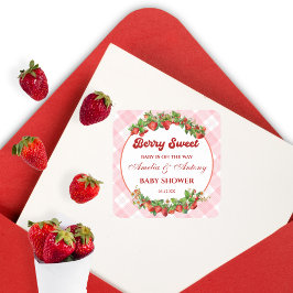 Pegatina Cuadrada Berry Sweet Strawberry Pink Gingham Baby Shower