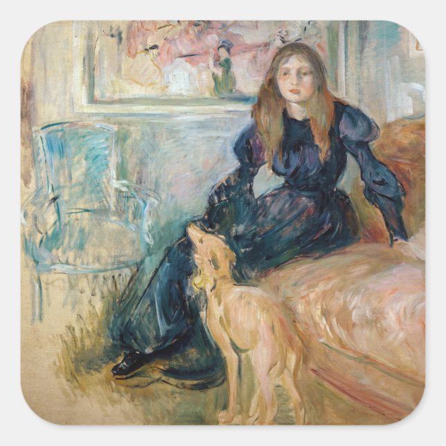 Pegatina Cuadrada Berthe Morisot - Julie y su Greyhound Laerte (Anverso)
