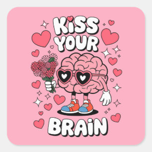 Pegatina Cuadrada Besa Tu Cerebro Día de San Valentín Profesor Diver