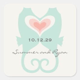 Pegatina Cuadrada Besando caballitos de mar Amor Corazones Playa Bod