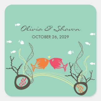 Pegatina Cuadrada Besando peces Corals Beach Whimsical Cute Boda