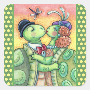 PEGATINA CUADRADA BESANDO TORTUGAS DULCES, TARPON VALENTINE LINDAS