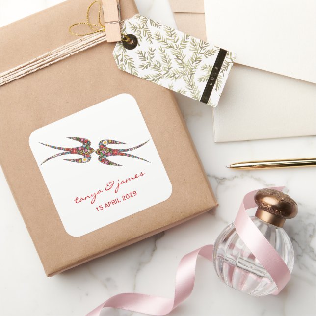 Pegatina Cuadrada Besándose golondrinas y Boda de flores de primaver (Regalar)