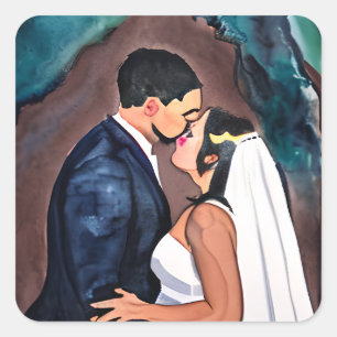 Pegatina Cuadrada Beso de boda del novio y la novia