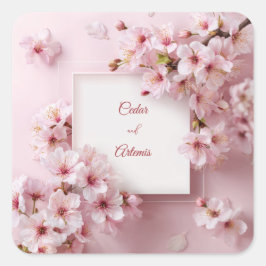 Pegatina Cuadrada Beso Rosa Flor de Cerezo Blanco Marco Boda