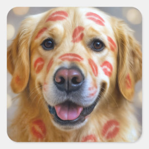 Pegatina Cuadrada Besos de Labial Rojo en un Golden Retriever