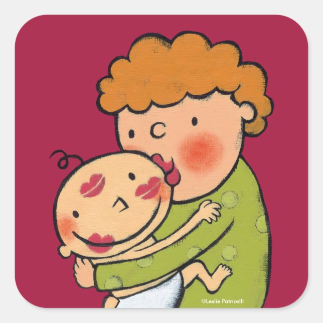 Pegatina Cuadrada Besos de pintalabios rosados para bebé (Anverso)