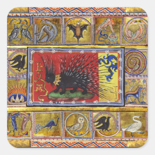 Pegatina Cuadrada BESTIARIO MEDIEVAL, REY ERIZO NEGRO y ANIMALES 
