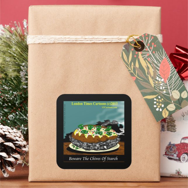 Pegatina Cuadrada Beware the Chives of Starch – Funny Foodie Cartoon (Vacaciones)