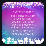 Pegatina Cuadrada Bible Verse Jeremiah 29:11 Christmas Village<br><div class="desc">Beautiful Christmas sticker depicts a lovely star lit village and features the words of the Lord from Bible Verse Jeremiah 29:11, "For I know the plans I have for you, ” declares the LORD, “plans to prosper you and not to harm you, plans to give you hope and a future."...</div>