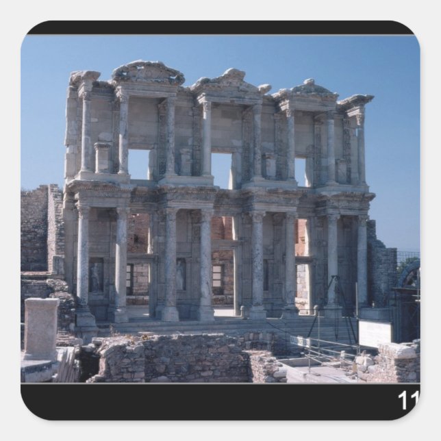 Pegatina Cuadrada Biblioteca Celsus, construida en AD 135 (Anverso)