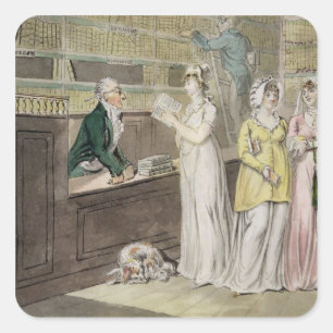 Pegatina Cuadrada Biblioteca circular (lápiz y tinta y w/c y w)