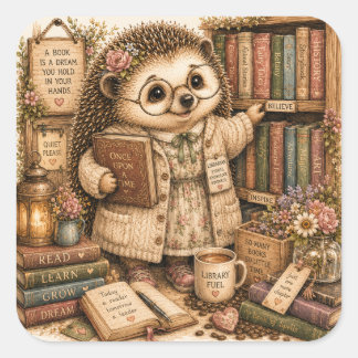Pegatina Cuadrada Biblioteca Cottagecore de Amante de Libros Acogedo