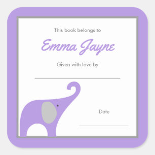 Pegatina Cuadrada Biblioteca de Baby Shower Purple Elephant