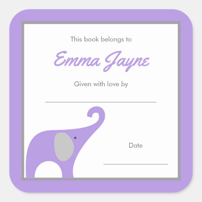 Pegatina Cuadrada Biblioteca de Baby Shower Purple Elephant (Anverso)