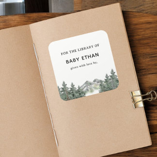 Pegatina Cuadrada Biblioteca de Baby Shower Woodland Mountain