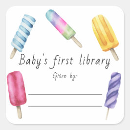 Pegatina Cuadrada Biblioteca de bebé de Popsicle acuarela