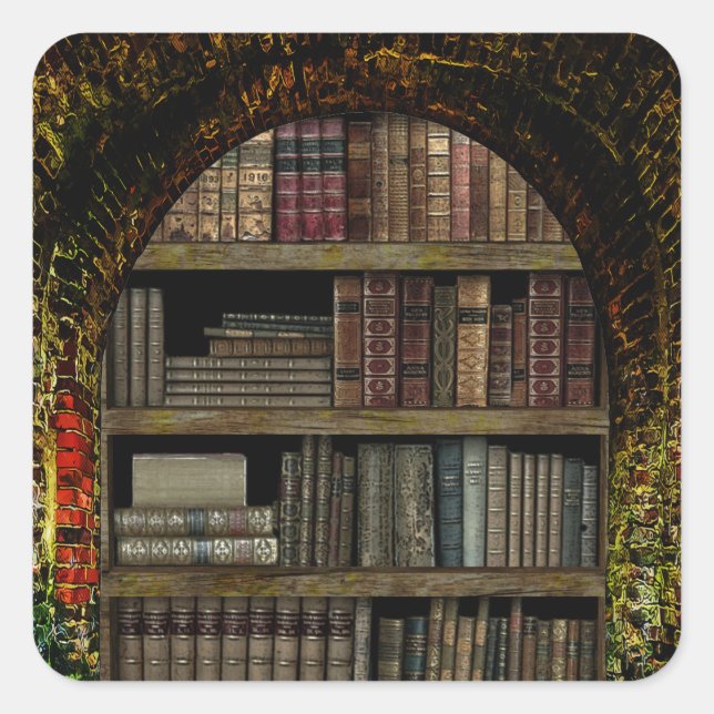 Pegatina Cuadrada Biblioteca de libros antigua (Anverso)