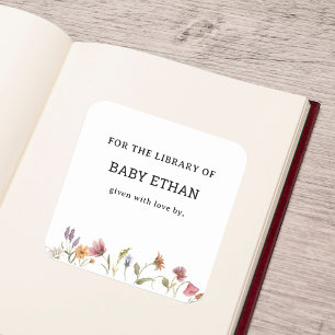 Pegatina Cuadrada Biblioteca de libros de Baby Shower Wildflower Flo