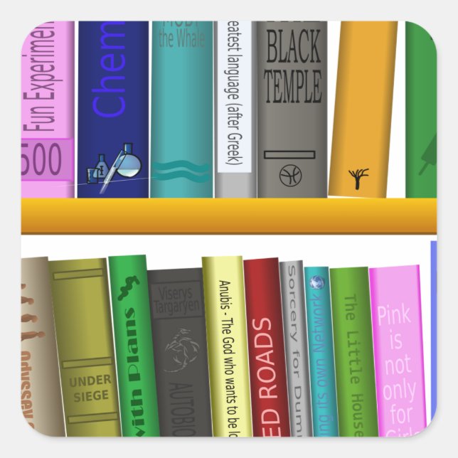 Pegatina Cuadrada biblioteca de libros estantes leyendo (Anverso)