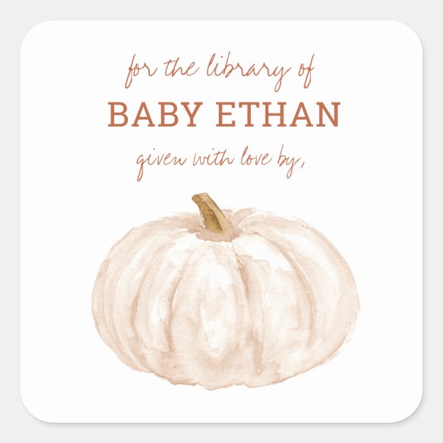 Pegatina Cuadrada Biblioteca de libros para Baby Shower Boho Pumpkin (Anverso)
