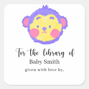 Pegatina Cuadrada Biblioteca de Violet lindo mono Baby Shower