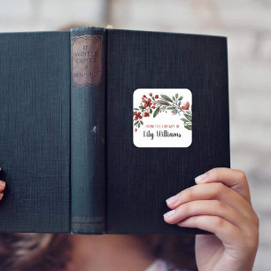 Pegatina Cuadrada Biblioteca floral roja acuarela Ex Libris Bookplat
