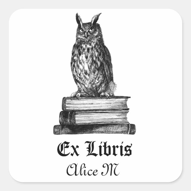 Pegatina Cuadrada Biblioteca Owl ex libris (Anverso)