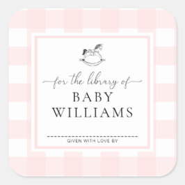 Pegatina Cuadrada Biblioteca Pink Gingham Rocking Horse Library Of B