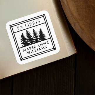 Pegatina Cuadrada Biblioteca Retro Vintage Pine Trees Ex Libris