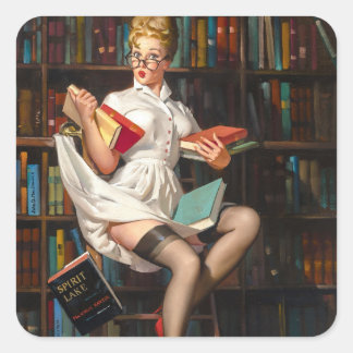 Pegatina Cuadrada Bibliotecaria Pin Up