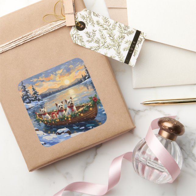 Pegatina Cuadrada Bichon Frise Christmas Boat Holiday (Regalar)