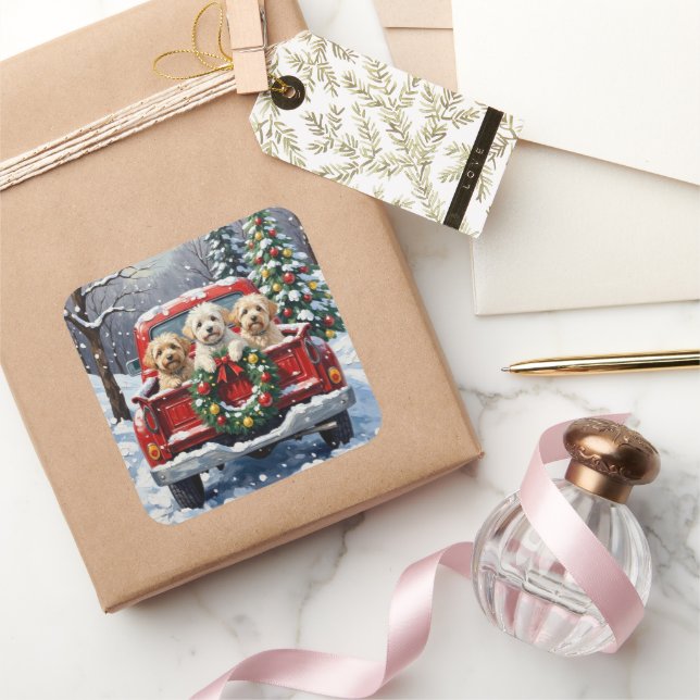 Pegatina Cuadrada Bichon Frise Christmas Red Truck Holiday (Regalar)