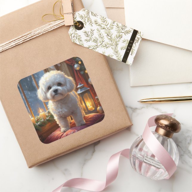 Pegatina Cuadrada Bichon Frise Con Luces de Navidad Fiesta (Regalar)