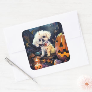 Pegatina Cuadrada Bichon Frise de Halloween con calabazas espeluznan