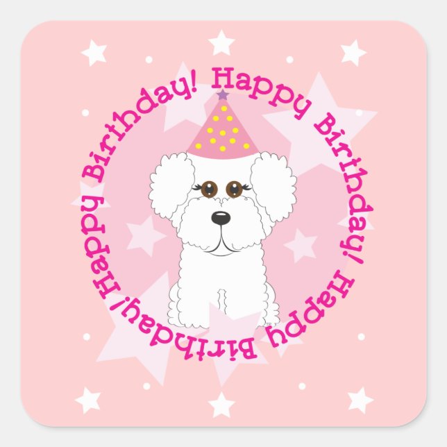 Pegatina Cuadrada Bichon Frise Happy Birthday Pegatinas (Anverso)