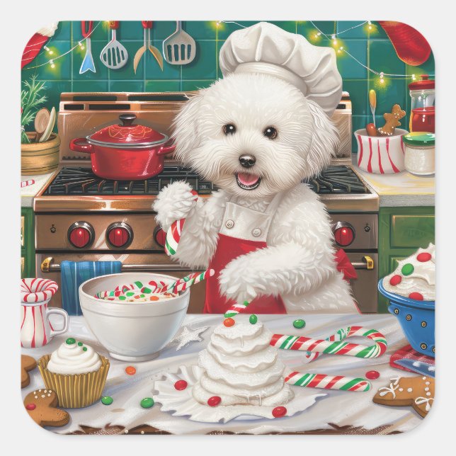 Pegatina Cuadrada Bichon Frise Holiday Baking: Navidades festivos (Anverso)