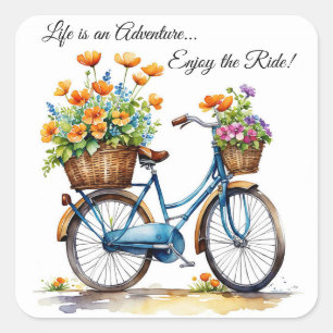 Pegatina Cuadrada Bicicleta Con Canasta De Flores Púrpura Naranja
