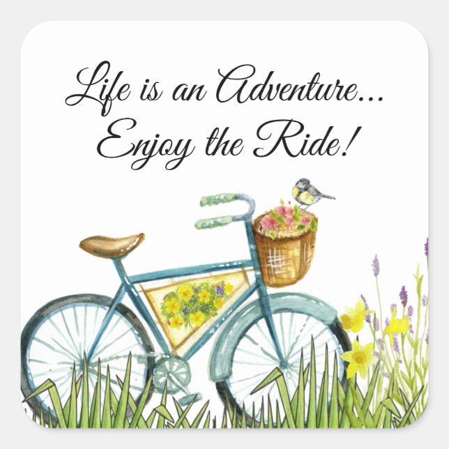 Pegatina Cuadrada Bicicleta Con Cesta De Flores (Anverso)