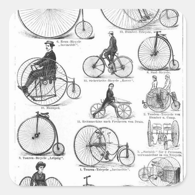 Pegatina Cuadrada Bicicleta de rueda alta Penny Farthing (Anverso)