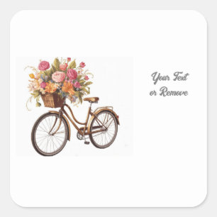Pegatina Cuadrada Bicicleta dorada con cosecha de flores