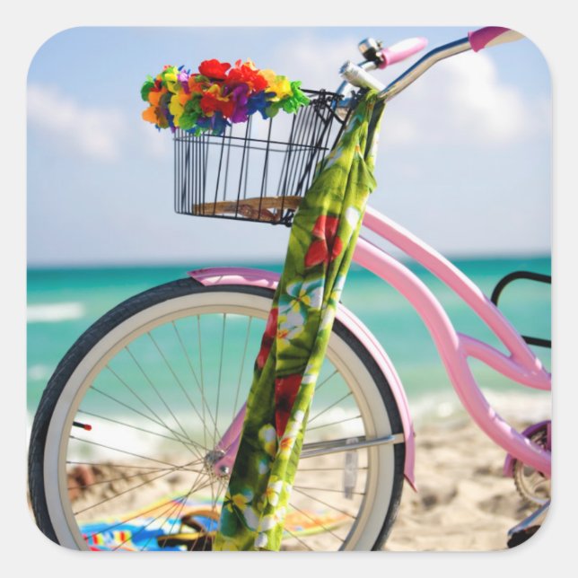 Pegatina Cuadrada Bicicleta En La Playa | Miami, Florida (Anverso)