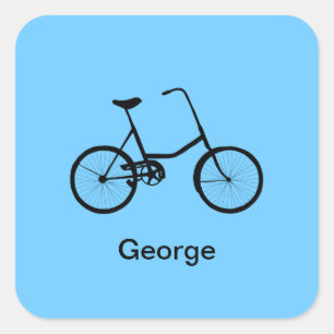 Pegatina Cuadrada Bicicleta personalizada con nombre azul brillante