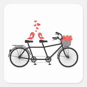 Pegatina Cuadrada bicicleta tándem con pájaros adorables