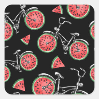 Pegatina Cuadrada Bicicletas con ruedas de sandía, patrón de verano.