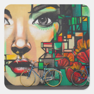 Pegatina Cuadrada Bicicletas en la pared del graffiti